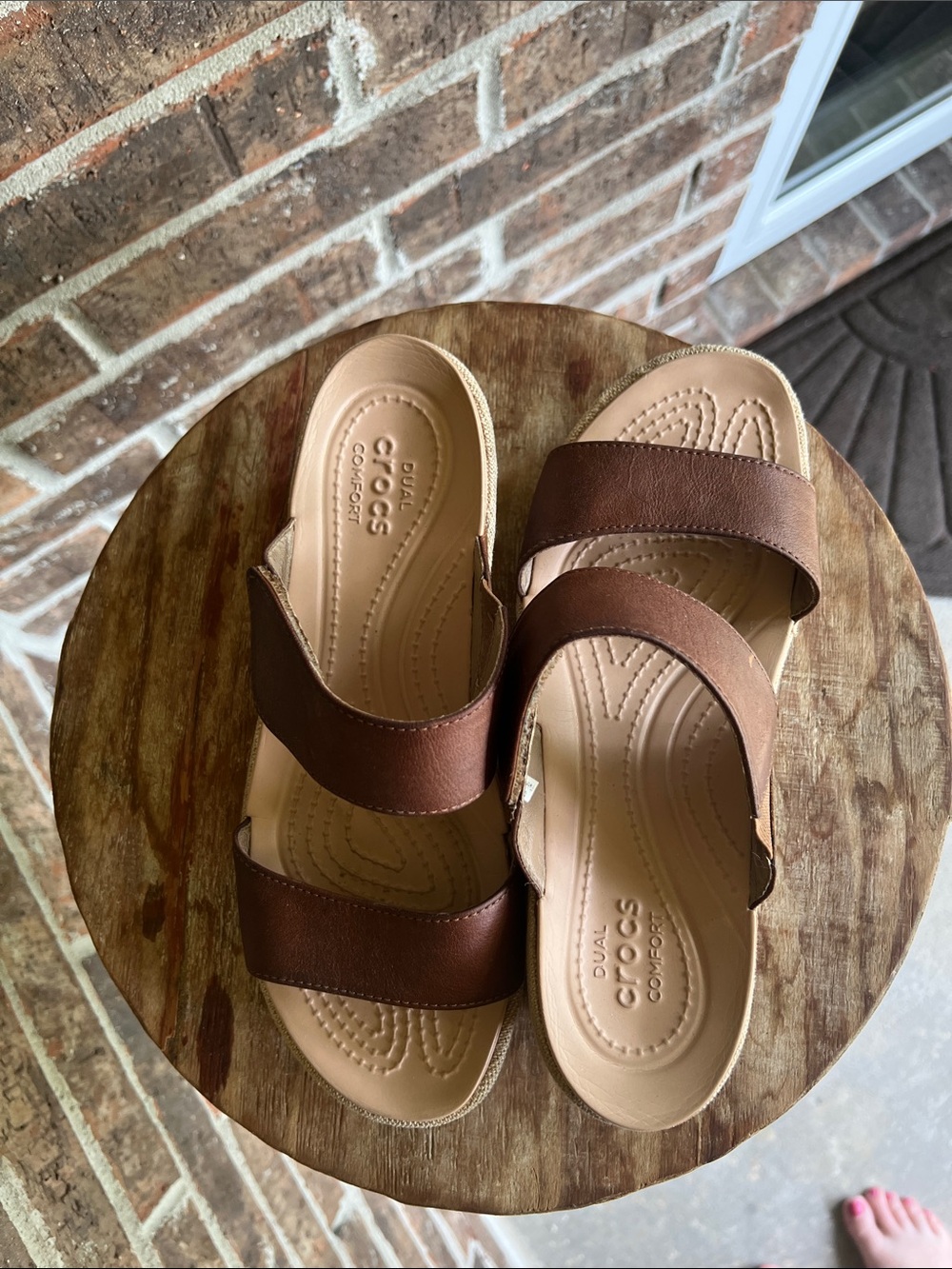 CROCS Brown Leather-Look Double Strap Sandals - Picture 10 of 10